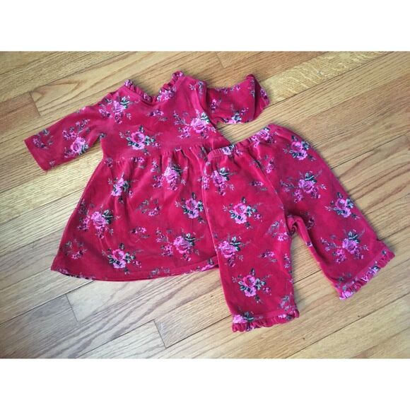 Cherokee 9m Baby Girls Floral Velour Maroon Pantsuit 2pc Fall/Winter Ruffles - Picture 3 of 5